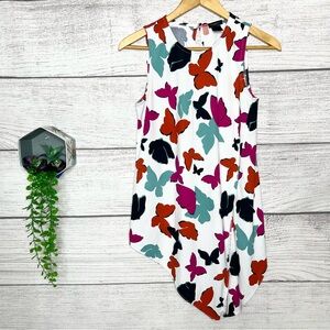 Ann Taylor Colorful Butterfly Sleeveless Blouse Size XS Asymmetrical Side Tie